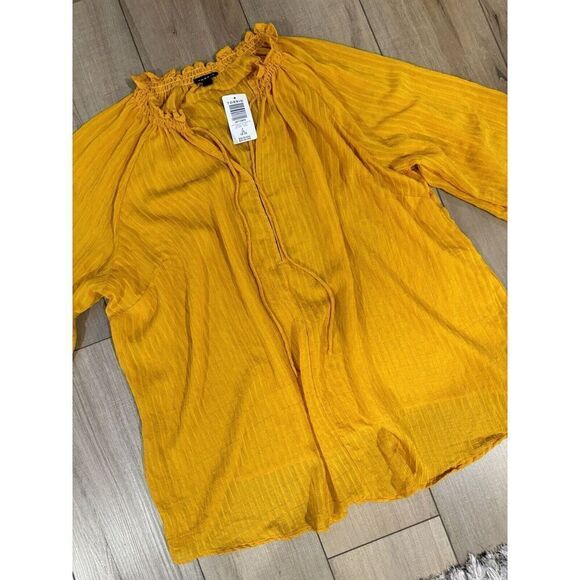 NWT TORRID STRIPE GAUZE LACE-UP PEASANT TOP Mustard Thanksgiving 2XL Womens - Picture 2 of 5